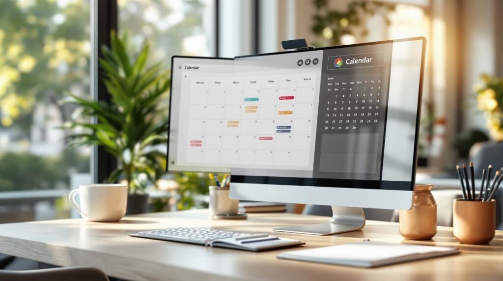 computer on a table with a calendar on the screen