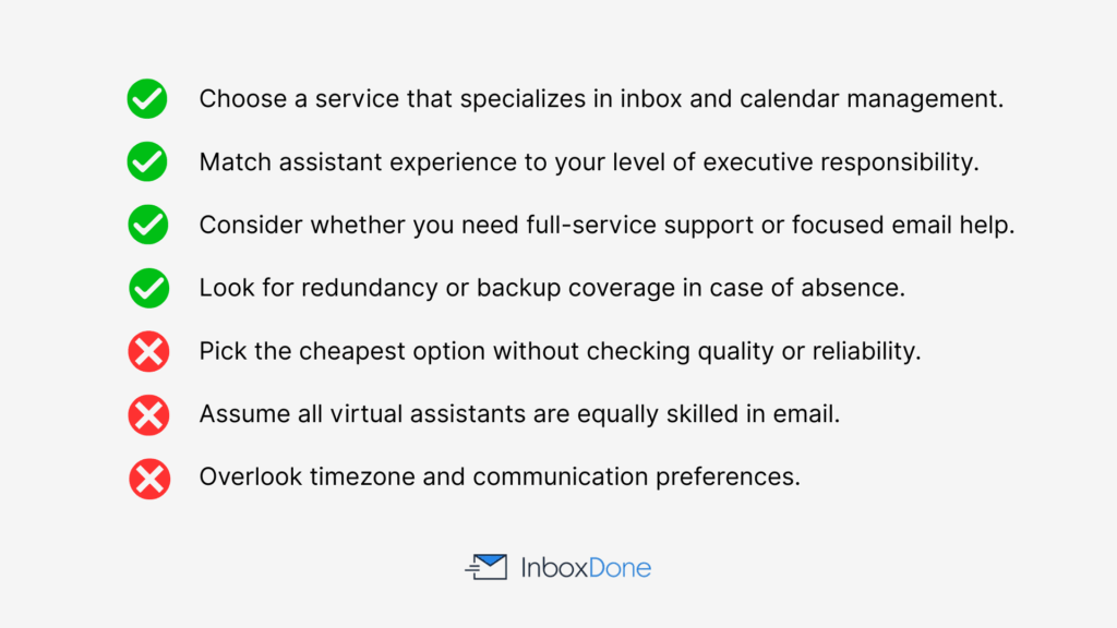 Checklist of tips for choosing an executive assistant service for email management
