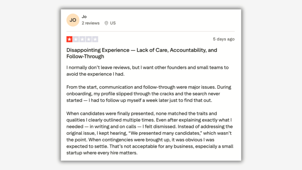 Screenshot of a one-star customer review describing poor communication, lack of follow-through, and mismatched candidates.