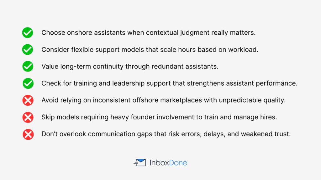 Checklist graphic showing recommended practices and warning signs when choosing assistant support models.