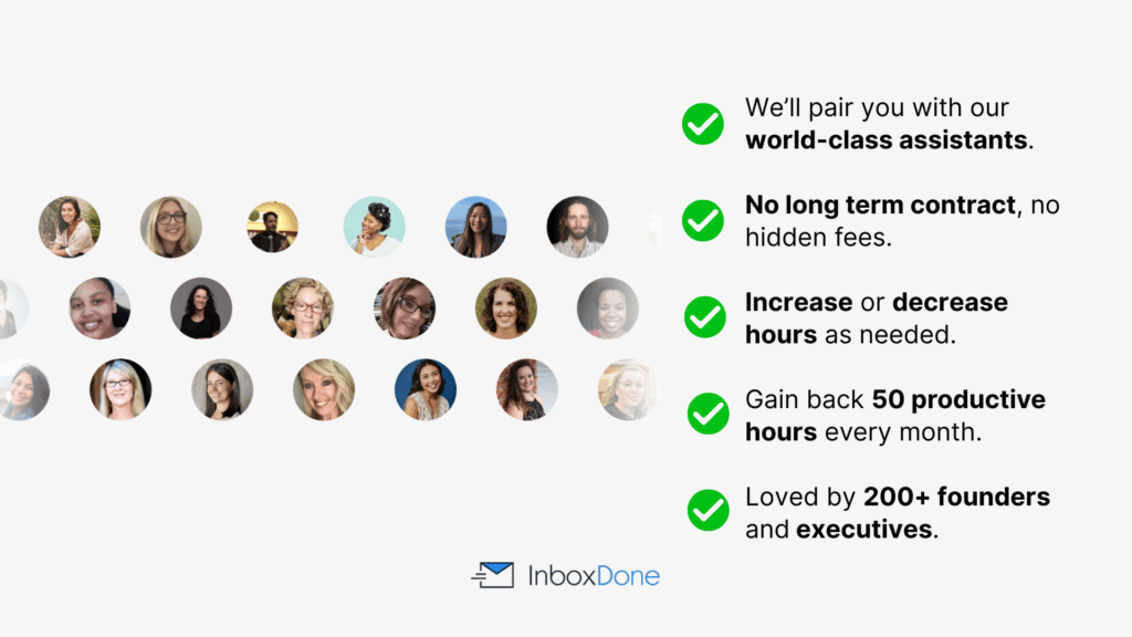 Grid of assistant headshots alongside a checklist of key service benefits such as flexible hours and no long-term contracts.